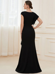 Color=Black | U Neck A Line Split Wholesale Evening Dresses with Cover Sleeves-Black 4