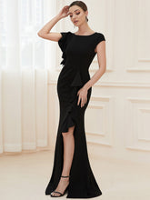 Load image into Gallery viewer, Color=Black | U Neck A Line Split Wholesale Evening Dresses with Cover Sleeves-Black 5