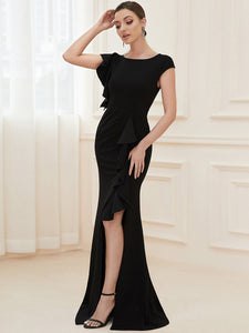 Color=Black | U Neck A Line Split Wholesale Evening Dresses with Cover Sleeves-Black 5