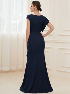 Color=Navy Blue | U Neck A Line Split Wholesale Evening Dresses with Cover Sleeves-Navy Blue 2