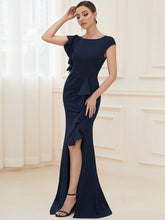 Load image into Gallery viewer, Color=Navy Blue | U Neck A Line Split Wholesale Evening Dresses with Cover Sleeves-Navy Blue 3