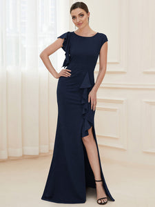 Color=Navy Blue | U Neck A Line Split Wholesale Evening Dresses with Cover Sleeves-Navy Blue 4