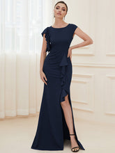 Load image into Gallery viewer, Color=Navy Blue | U Neck A Line Split Wholesale Evening Dresses with Cover Sleeves-Navy Blue 5