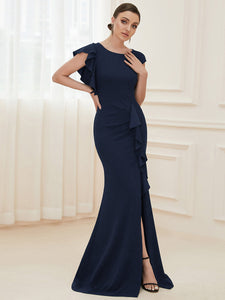 Color=Navy Blue | U Neck A Line Split Wholesale Evening Dresses with Cover Sleeves-Navy Blue 6