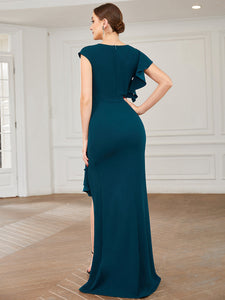 Color=Teal | U Neck A Line Split Wholesale Evening Dresses with Cover Sleeves-Teal 3