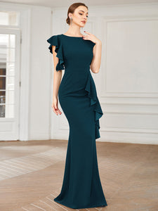 Color=Teal | U Neck A Line Split Wholesale Evening Dresses with Cover Sleeves-Teal 2