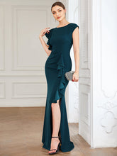 Load image into Gallery viewer, Color=Teal | U Neck A Line Split Wholesale Evening Dresses with Cover Sleeves-Teal 4