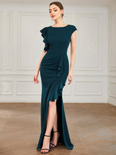 Load image into Gallery viewer, Color=Teal | U Neck A Line Split Wholesale Evening Dresses with Cover Sleeves-Teal 1
