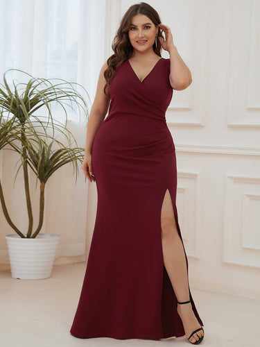 Color=Burgundy | Sleeveless Pencil Split Wholesale Evening Dresses with Deep V Neck-Burgundy 3