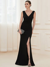 Load image into Gallery viewer, Color=Black | Sleeveless Pencil Split Wholesale Evening Dresses with Deep V Neck-Black 1