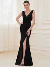 Load image into Gallery viewer, Color=Black | Sleeveless Pencil Split Wholesale Evening Dresses with Deep V Neck-Black 3