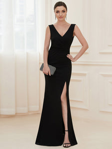 Color=Black | Sleeveless Pencil Split Wholesale Evening Dresses with Deep V Neck-Black 4