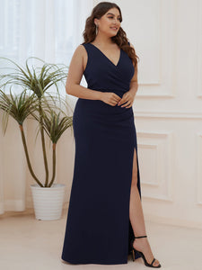 Color=Navy Blue | Sleeveless Pencil Split Wholesale Evening Dresses with Deep V Neck-Navy Blue 4