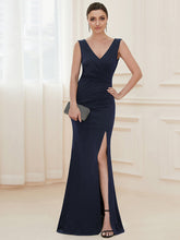 Load image into Gallery viewer, Color=Navy Blue | Sleeveless Pencil Split Wholesale Evening Dresses with Deep V Neck-Navy Blue 1