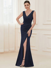 Load image into Gallery viewer, Color=Navy Blue | Sleeveless Pencil Split Wholesale Evening Dresses with Deep V Neck-Navy Blue 3