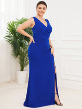 Load image into Gallery viewer, Color=Sapphire Blue | Sleeveless Pencil Split Wholesale Evening Dresses with Deep V Neck-Sapphire Blue 4
