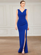 Load image into Gallery viewer, Color=Sapphire Blue | Sleeveless Pencil Split Wholesale Evening Dresses with Deep V Neck-Sapphire Blue 4