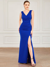 Load image into Gallery viewer, Color=Sapphire Blue | Sleeveless Pencil Split Wholesale Evening Dresses with Deep V Neck-Sapphire Blue 1