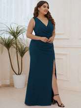 Load image into Gallery viewer, Color=Teal | Sleeveless Pencil Split Wholesale Evening Dresses with Deep V Neck-Teal 3