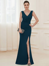 Load image into Gallery viewer, Color=Teal | Sleeveless Pencil Split Wholesale Evening Dresses with Deep V Neck-Teal 4