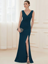 Load image into Gallery viewer, Color=Teal | Sleeveless Pencil Split Wholesale Evening Dresses with Deep V Neck-Teal 1