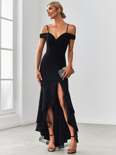 Load image into Gallery viewer, Color=Black | Sultry Wholesale Evening Dresses with Deep V Neck and Fishtail-Black 5