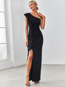 Color=Black | Sleeveless Asymmetric Shoulders Pencil Wholesale Evening Dresses-Black 1
