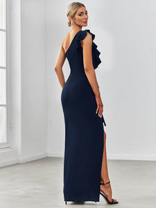 Color=Navy Blue | Sleeveless Asymmetric Shoulders Pencil Wholesale Evening Dresses-Navy Blue 2