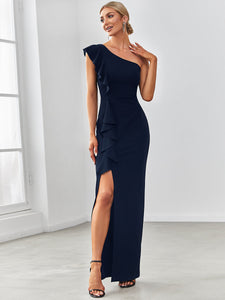 Color=Navy Blue | Sleeveless Asymmetric Shoulders Pencil Wholesale Evening Dresses-Navy Blue 1