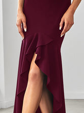 Load image into Gallery viewer, Color=Burgundy | Fishtail Asymmetrical Hem Deep V Neck Wholesale Evening Dresses-Burgundy 5