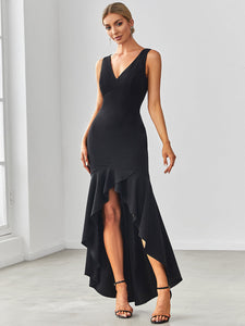 Color=Black | Fishtail Asymmetrical Hem Deep V Neck Wholesale Evening Dresses-Black 4