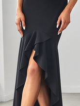 Load image into Gallery viewer, Color=Black | Fishtail Asymmetrical Hem Deep V Neck Wholesale Evening Dresses-Black 5