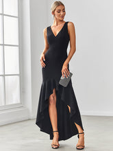 Load image into Gallery viewer, Color=Black | Fishtail Asymmetrical Hem Deep V Neck Wholesale Evening Dresses-Black 1