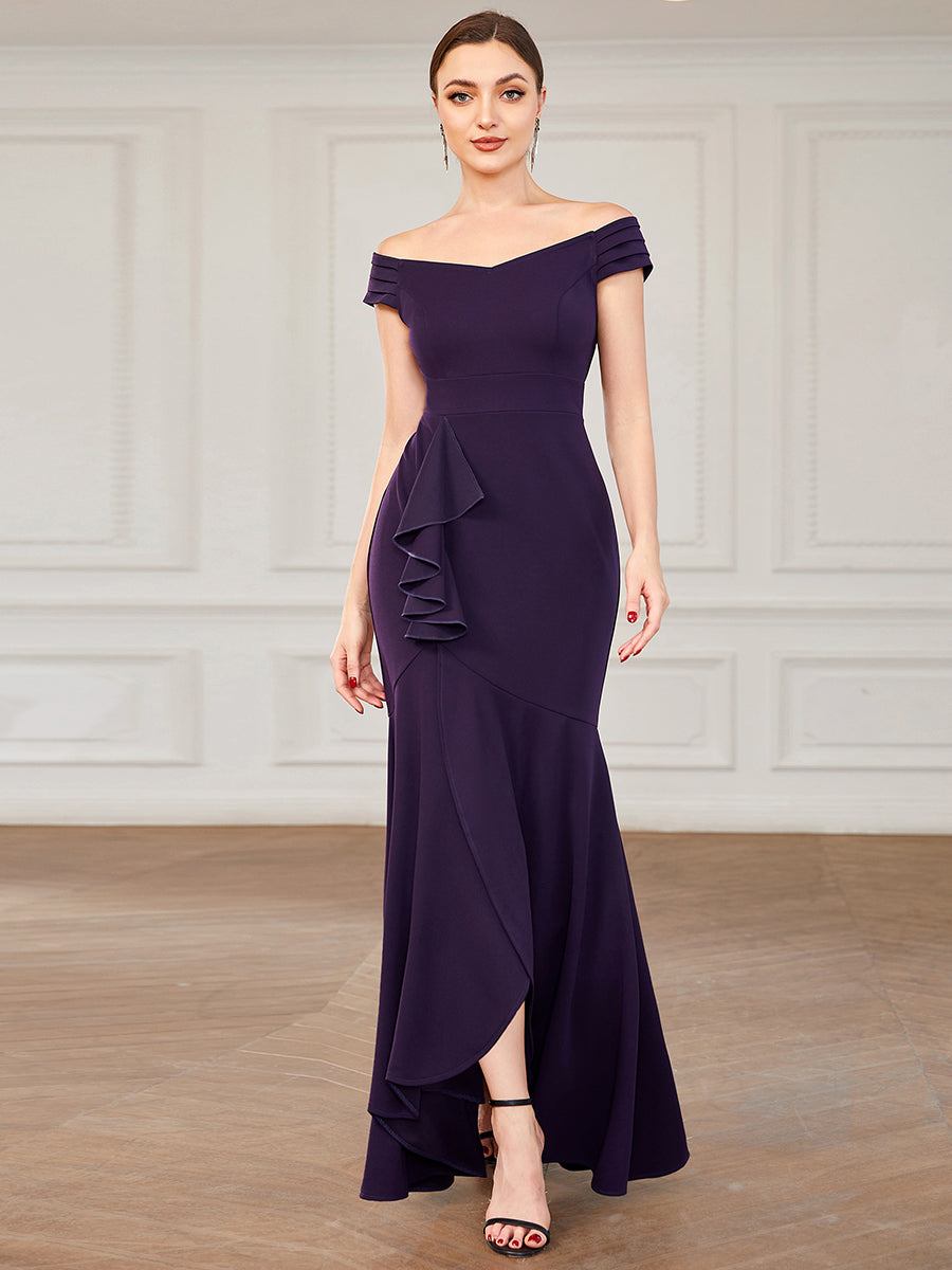 Color=Dark Purple | Off Shoulders Asymmetrical Hem A Line Wholesale Evening Dresses-Dark Purple 1