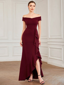 Color=Burgundy | Off Shoulders A Line Wholesale Evening Dresses with Raglan Sleeves-Burgundy 1