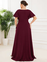 Load image into Gallery viewer, Color=Burgundy | Deep V Neck Short Ruffles Sleeves Split Wholesale Evening Dresses-Burgundy 2