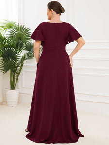 Color=Burgundy | Deep V Neck Short Ruffles Sleeves Split Wholesale Evening Dresses-Burgundy 2