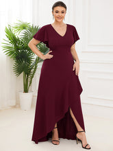 Load image into Gallery viewer, Color=Burgundy | Deep V Neck Short Ruffles Sleeves Split Wholesale Evening Dresses-Burgundy 3