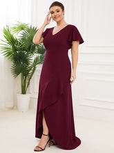Load image into Gallery viewer, Color=Burgundy | Deep V Neck Short Ruffles Sleeves Split Wholesale Evening Dresses-Burgundy 4