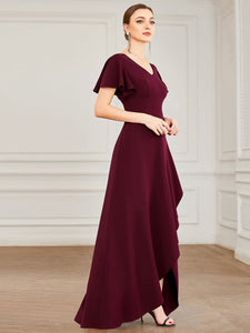 Color=Burgundy | Deep V Neck Short Ruffles Sleeves Split Wholesale Evening Dresses-Burgundy 3