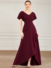 Load image into Gallery viewer, Color=Burgundy | Deep V Neck Short Ruffles Sleeves Split Wholesale Evening Dresses-Burgundy 4
