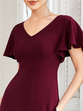 Load image into Gallery viewer, Color=Burgundy | Deep V Neck Short Ruffles Sleeves Split Wholesale Evening Dresses-Burgundy 5