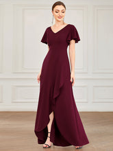 Load image into Gallery viewer, Color=Burgundy | Deep V Neck Short Ruffles Sleeves Split Wholesale Evening Dresses-Burgundy 1