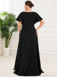 Color=Black | Deep V Neck Short Ruffles Sleeves Split Wholesale Evening Dresses-Black 2