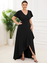 Load image into Gallery viewer, Color=Black | Deep V Neck Short Ruffles Sleeves Split Wholesale Evening Dresses-Black 3
