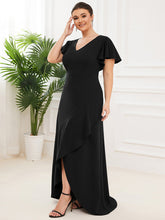 Load image into Gallery viewer, Color=Black | Deep V Neck Short Ruffles Sleeves Split Wholesale Evening Dresses-Black 4