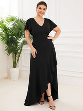 Load image into Gallery viewer, Color=Black | Deep V Neck Short Ruffles Sleeves Split Wholesale Evening Dresses-Black 1