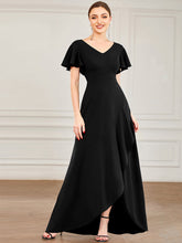 Load image into Gallery viewer, Color=Black | Deep V Neck Short Ruffles Sleeves Split Wholesale Evening Dresses-Black 4