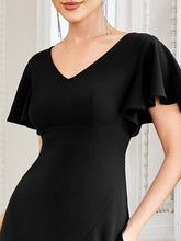 Load image into Gallery viewer, Color=Black | Deep V Neck Short Ruffles Sleeves Split Wholesale Evening Dresses-Black 5