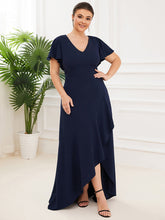 Load image into Gallery viewer, Color=Navy Blue | Deep V Neck Short Ruffles Sleeves Split Wholesale Evening Dresses-Navy Blue 1